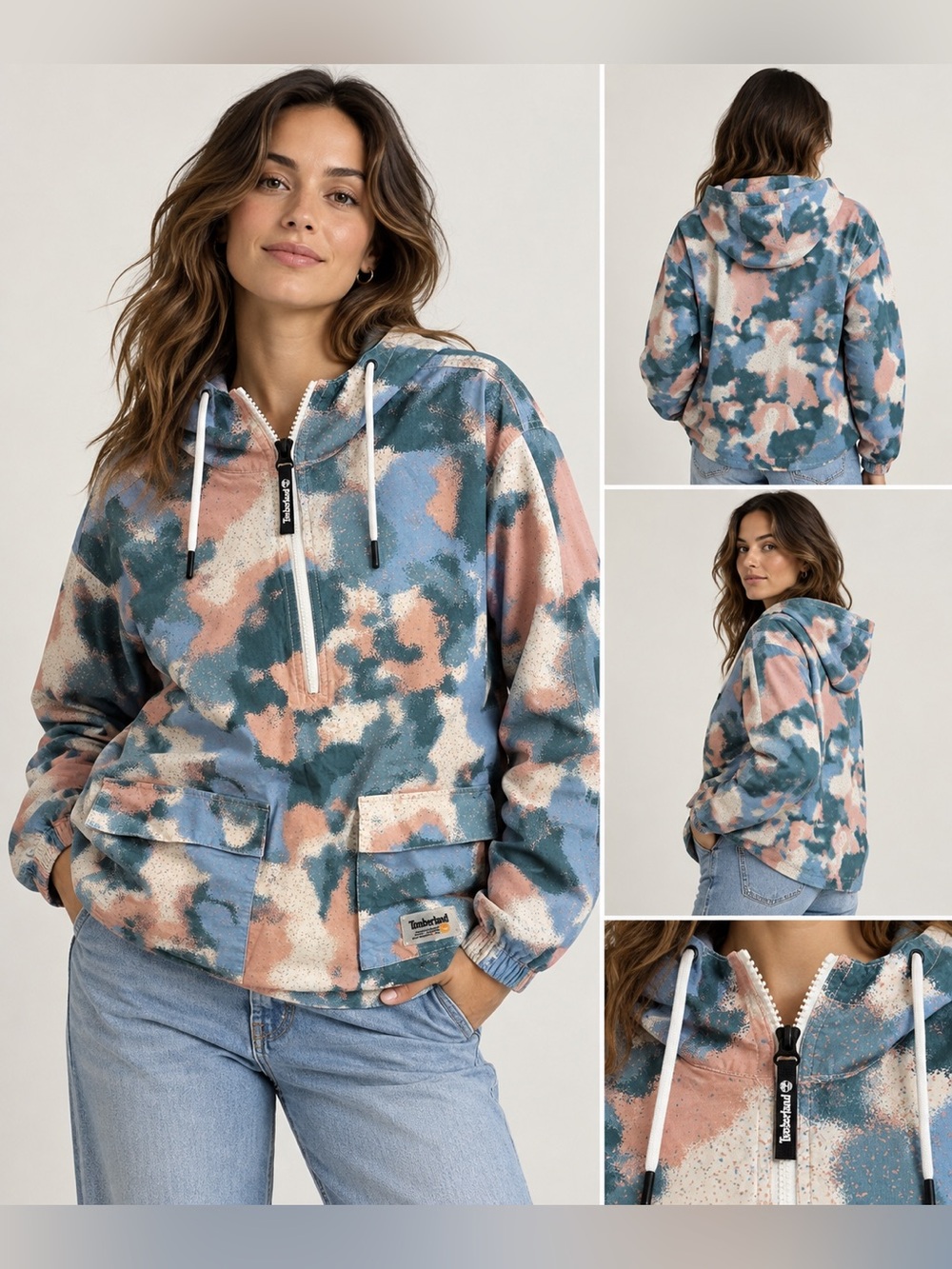Timberland Women’s S Abstract Camo Anorak Pullover Hooded Jacket Blue Pink